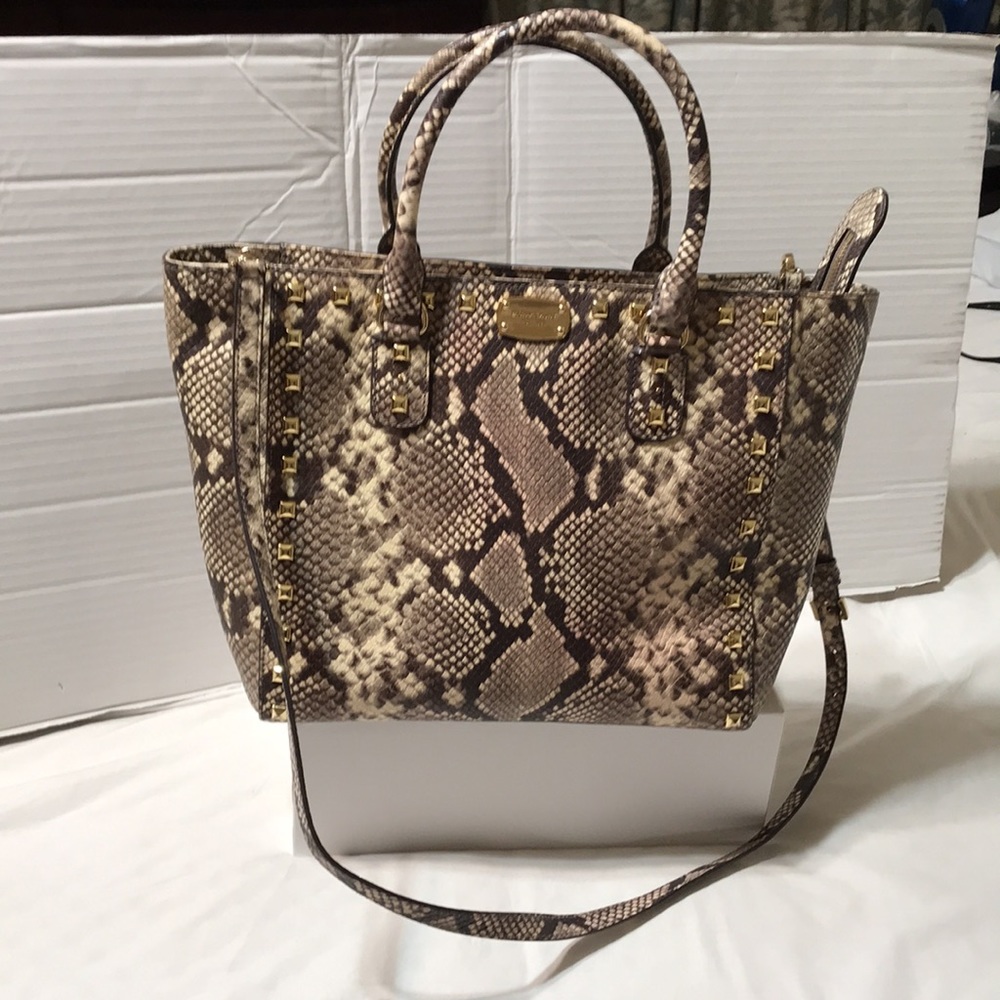 Michael Kors snake embossed leather gold studded tote with detachable strap